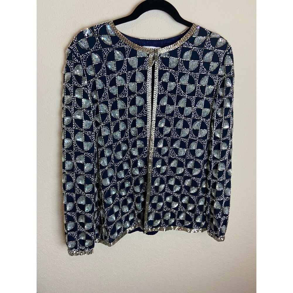 Nipon Night Womens Beaded Top Jacket Blue Silver Sequin Long Sleeve Size Medium